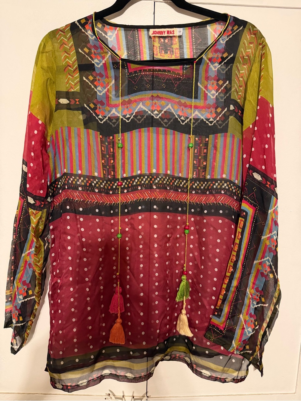 Johnny Was Boho Patchwork Print Sheer Tassel Blouse Top Size Small